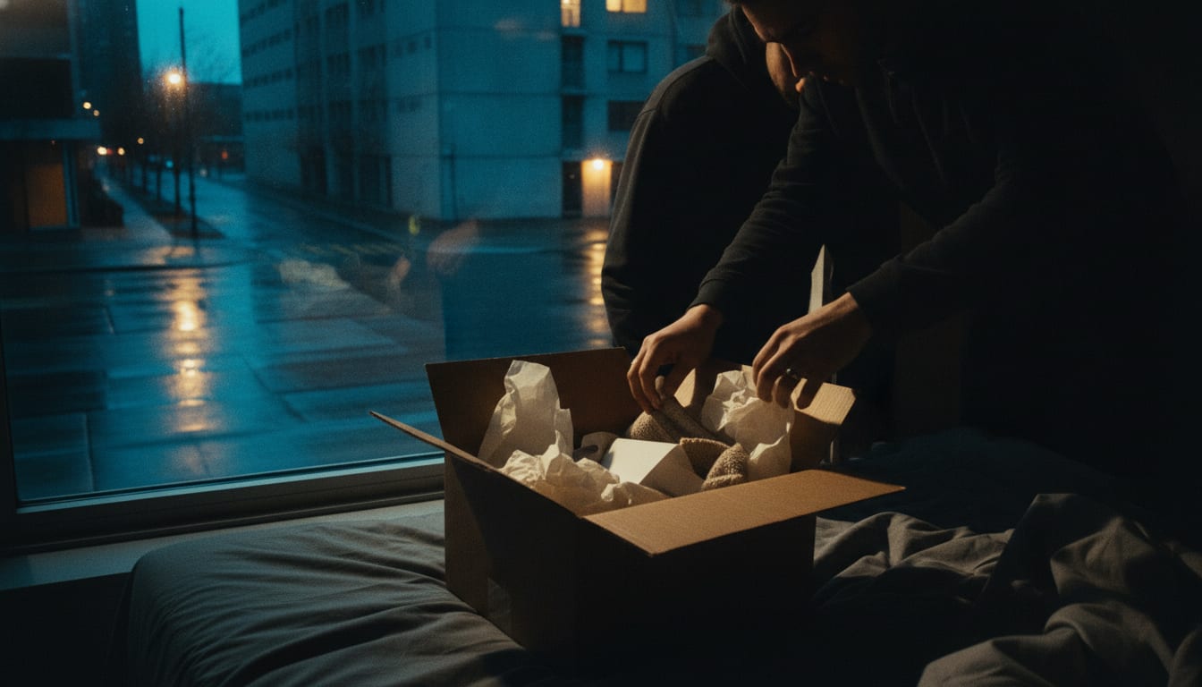 Carton d’expédition ouvert sur un lit, papier de soie, emballage neutre