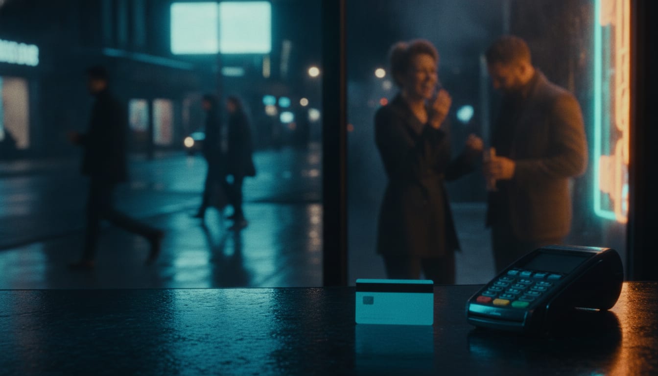 Carte bancaire et terminal de paiement sur un comptoir sombre, lumière rasante de néon