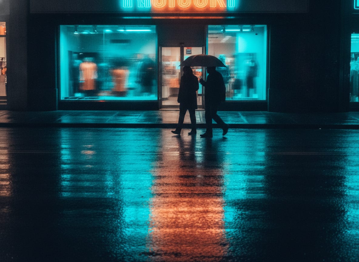 Devanture éclairée de néons la nuit, chaussée mouillée